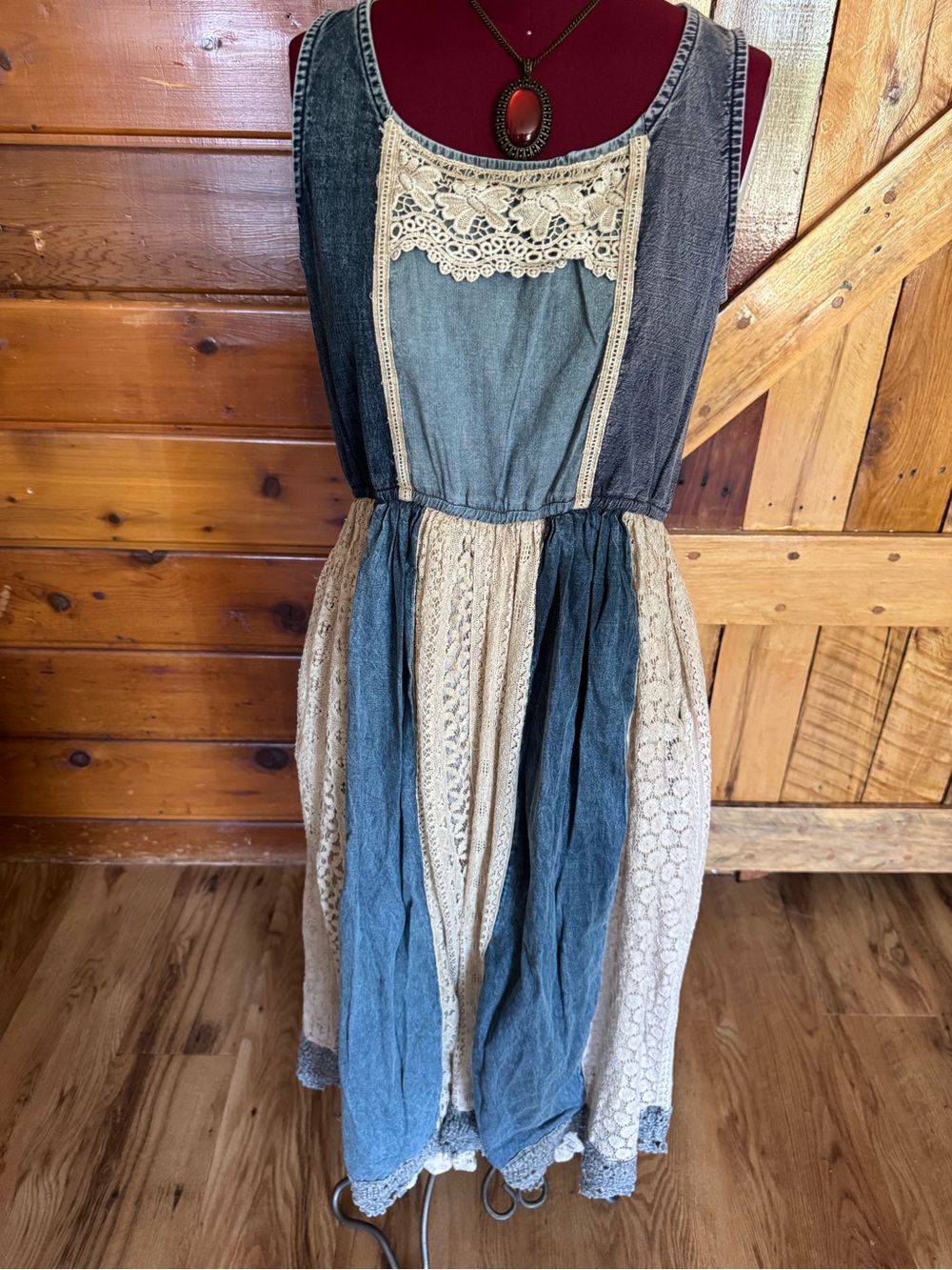 YOUNG THREADS NWT Boho Denim & Crochet Panel Midi Dress in Blue and Cream